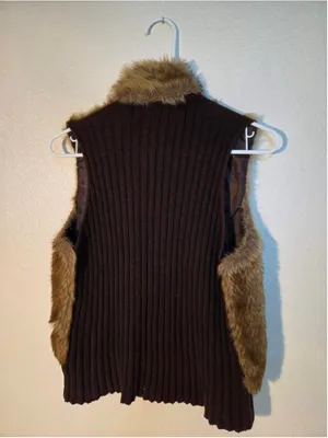 Tiara Faux Fur Zip Front Knit Back Sleeveless Vest Multi Brown Tan Medium W-248 thumbnail 3