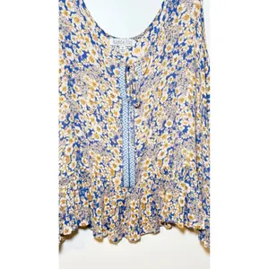 Patrons of Peace Blue Yellow Ditsy Floral Peasant Blouse Boho Size Medium thumbnail 4