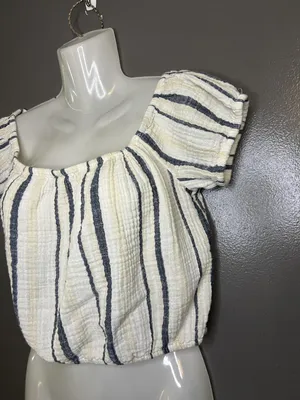 American Eagle Outfitters Blouse Womens Small Striped Puff Sleeve Cropped Top thumbnail 3