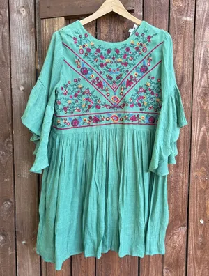 Umgee Bohemian Boho Green Embroidered Bell Sleeve Dress thumbnail 1