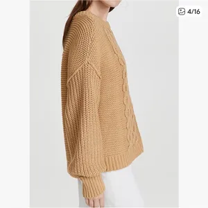 Free People Dream Cable Knit Oversized Sweater Camel NWT Size S‎ Crewneck thumbnail 4