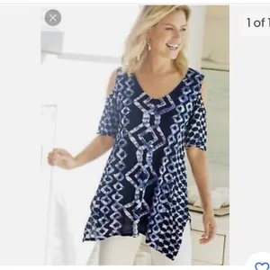 Soft Surroundings Talia Top Tunic Cold Shoulder Ikat Print Beaded Geo size M thumbnail 9