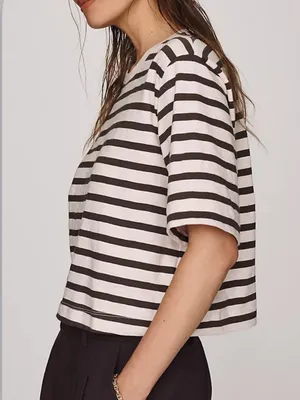 ANTHROPOLOGIE MAEVE Corey Short Sleeve Boxy Tee in PinkTaupe Brown Stripe XS thumbnail 2