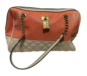Anne Klein Satchel‎ Bag Womens Coral Cream Quilted Chain Shoulder Purse Padlock thumbnail 1