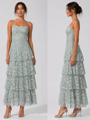 LULU's Prom Wedding Bridesmaid Tiered Lace Floral Ruffles Boho Maxi thumbnail 2