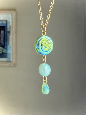 Handmade Czech glass teardrop & swirl gold tone stainless necklace🍃🌀 thumbnail 2