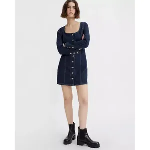 Levis Veda Denim Mini Dress Dark Wash Scoop‎ Neck Button Front Long Sleeve M thumbnail 8
