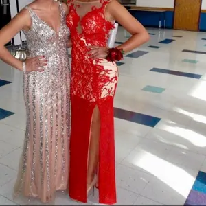 jovani red and nude lace fitted prom dress thumbnail 2