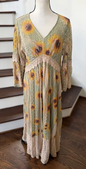 Origami Green Tan Sunflower Burnout Lace Trim Renaissance Boho Western Dress thumbnail 1