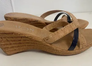 Italian Shoemakers Shoes corked wedge heel navy & tan size 8.5 thumbnail 1