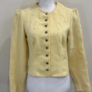 VTG Geiger Tyrol Butter Yellow Boiled Wool Sweater Jacket Floral Embroidered S thumbnail 1