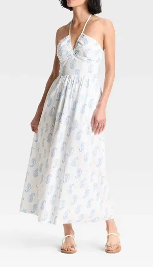 Universal Threads Halter Neck Maxi Dress White Light Blue Paisley Large thumbnail 1