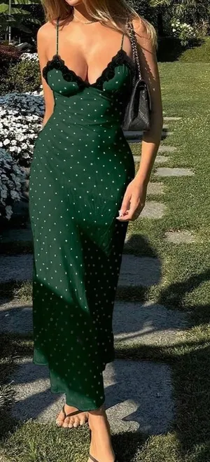 Dark Green Polka Dot Lace Spaghetti Strap Maxi Dress thumbnail 1
