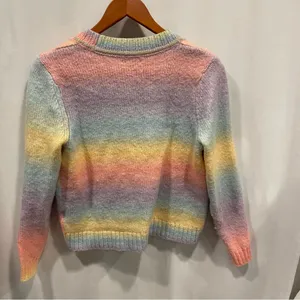 Rainbow stripe soft fuzzy wool blend chunky pearl button cardigan crop sweater thumbnail 6