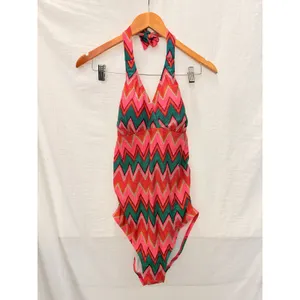 Beach Bump Maternity Chevron 70’s Retro Swimsuit Medium‎ Green thumbnail 3