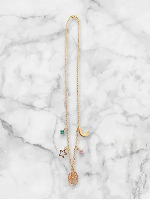 Gold Celestial Charm Necklace with Pink & Teal Accents thumbnail 3