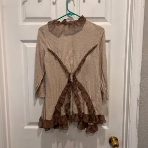 Guinevere Cardigan Brown Striped‎ Ruffle Trim Striped Open Front Sweater Large thumbnail 6