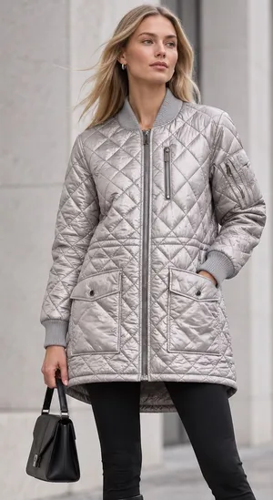 French Connection Large Silver Quilted Longline Bomber Jacket Coat thumbnail 1