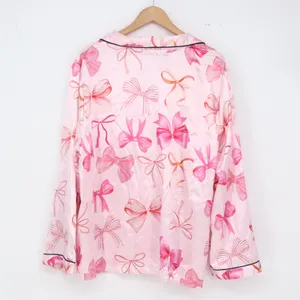 SHEIN Pajama Set Womens 2XL Bow Print Pink Button-Down Satin Long Sleeve Exc thumbnail 4