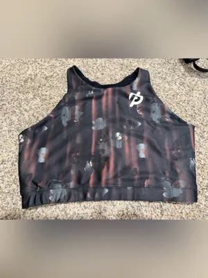 Peloton Black and Burgundy Floral-Striped Crop Sports Bra size large thumbnail 2