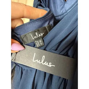 NWT Lulus Soiree Celebration Navy Blue Ruffled Lace-Up Maxi Dress Wedding Sz XL thumbnail 6
