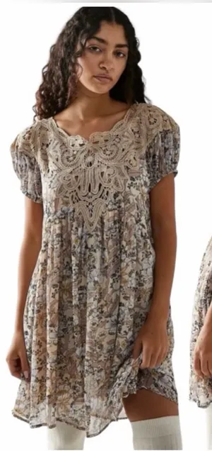 Free People Margot babydoll mini dress, bohemian printed crochet detail sz M thumbnail 1