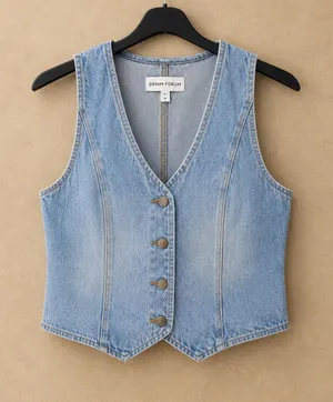 Denim Forum Women Vest M Blue Light Wash Cotton Cropped Button Front 110091 thumbnail 1