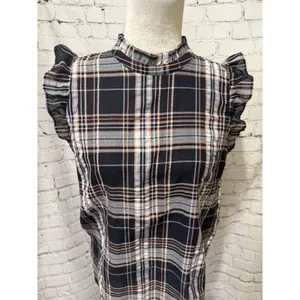 Loft Women's Black Orange & White Plaid Flutter Sleeve Ruffle Top Size Small thumbnail 2
