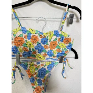 Floral Smocked Bikini Set Blue Orange Yellow Ruched Two‎ Piece Swimsuit Small thumbnail 3