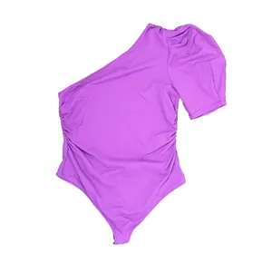 Free People One Shoulder Puff Sleeve L Bodysuit Magenta Ruched Side Stretchy thumbnail 8