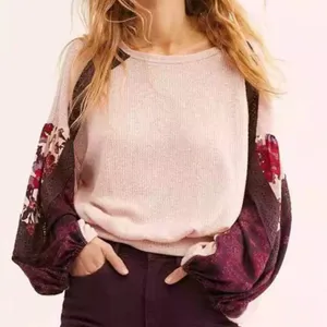 Free People Womens Casual Clash Waffle Top In‎ Rose Balloon Sleeves Boho Sz S thumbnail 1