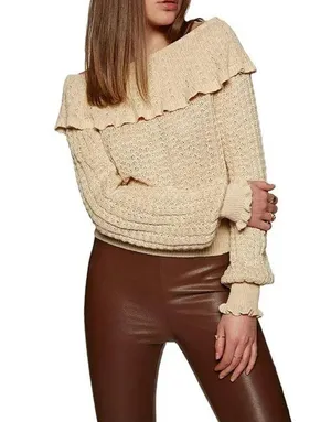 Crazy In Love Beige Linen Blend Off-The Shoulder Ruffle Sweater M thumbnail 12