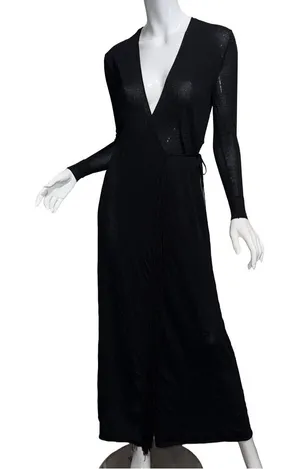 Zara Knit Black Long‎ Sleeve Fringe Wrap Maxi Dress Minimalist thumbnail 1