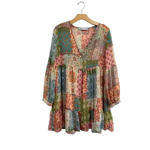 Zara‎ Patchwork Boho Mini Dress V Neck Metallic Thread Button Front Size M thumbnail 3