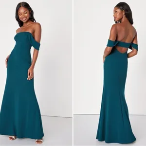 LULU's Sexy Prom Wedding Bridesmaid Emerald Green Off the Shoulder Mermaid Gown thumbnail 2
