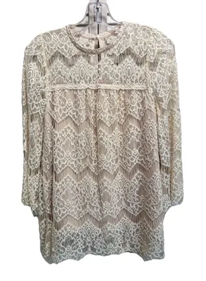 Vintage Ivory Crochet Lace Blouse Keyhole Neck‎ Lined Size S Bell Sleeves thumbnail 1