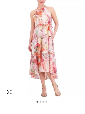 Vince Camuto Pink White Sleeveless Floral Chiffon Ruffle Tiered Midi Dress 6 thumbnail 11