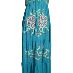Flying Tomato BOHO Embroidered Floral Smocked Strapless Tiered Maxi Dress Womens S Teal Beach thumbnail 6