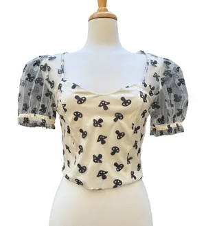 Hot‎ Topic Shirt Md Cream Glitter Mushrooms Cropped Sheer Puff Sleeve Whimsigoth thumbnail 1