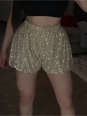 Endless Rose Champagne Sequin High-Waist Bubble Shorts thumbnail 1
