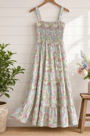 Floral Smocked Tiered Midi Dress Pink Blue Green Print Large thumbnail 1