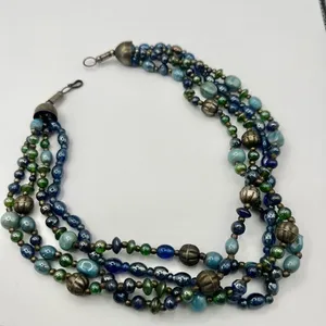 Blue green silver tone multi strand vintage necklace thumbnail 3