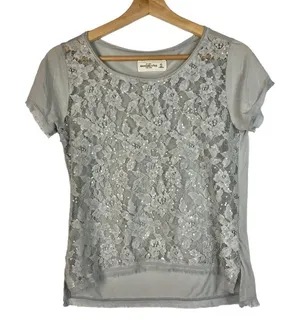 Abercrombie & Fitch Light Gray Lace Front Short Sleeve Top‎ XS thumbnail 1