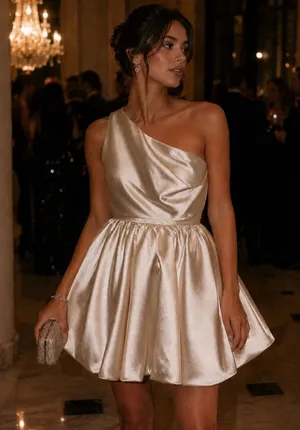 AB Studio One-Shoulder Champagne Color Party Dress thumbnail 1