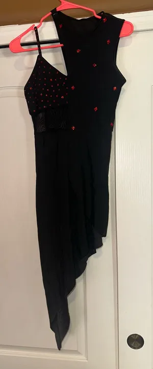 Asymmetrical Black Dress DANCE COSTUME Red RHINESTONE Embellishments thumbnail 1