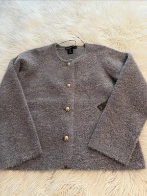 Tahari Gray Fuzzy Cardigan with Gold Buttons size M length 23” bust 36” new thumbnail 9
