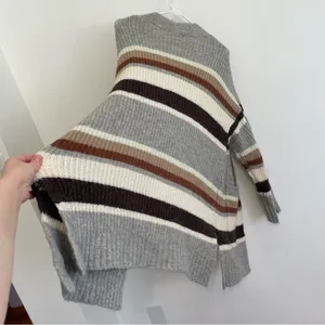 A NEW DAY Striped Open Front Cardigan Gray Cream Tan Brown Long Heavy Sweater M thumbnail 16