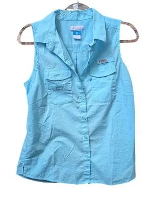 Columbia Blue Sleeveless Button Down Top Womens Medium Lightweight Fishing Shirt thumbnail 1