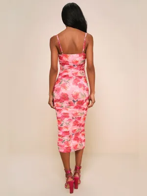 Lulus Blossoming Excellence Pink Floral Mesh Ruched Midi Dress Size Medium Party thumbnail 2