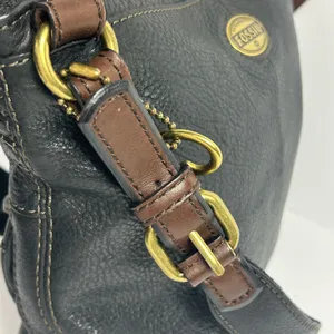 Fossil Vintage Black Leather Crossbody Bag Brown Trim Brass Key Y2K thumbnail 12